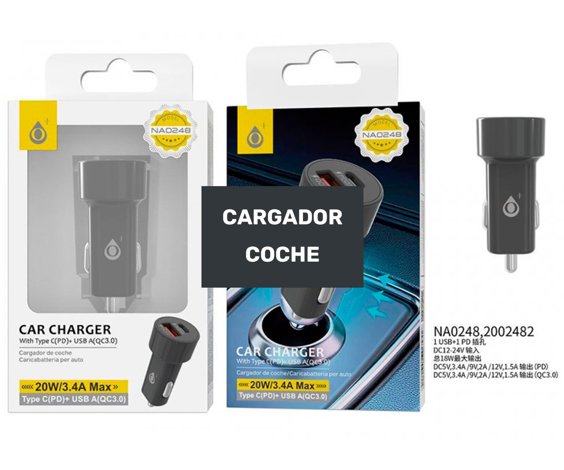 CARGADOR DE COCHE USB-C USB-A NEGRO 18W 3.4A