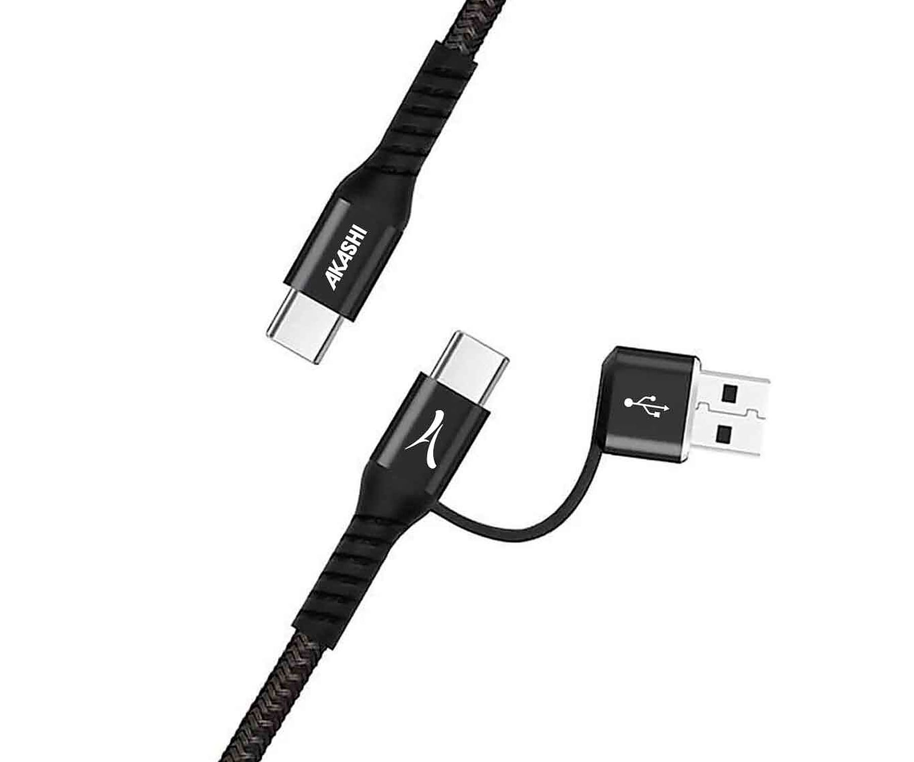 AKASHI 2 EN 1 NEGRO / CABLE USB-C (M) A USB-A (M) + USB-C (M) 1M