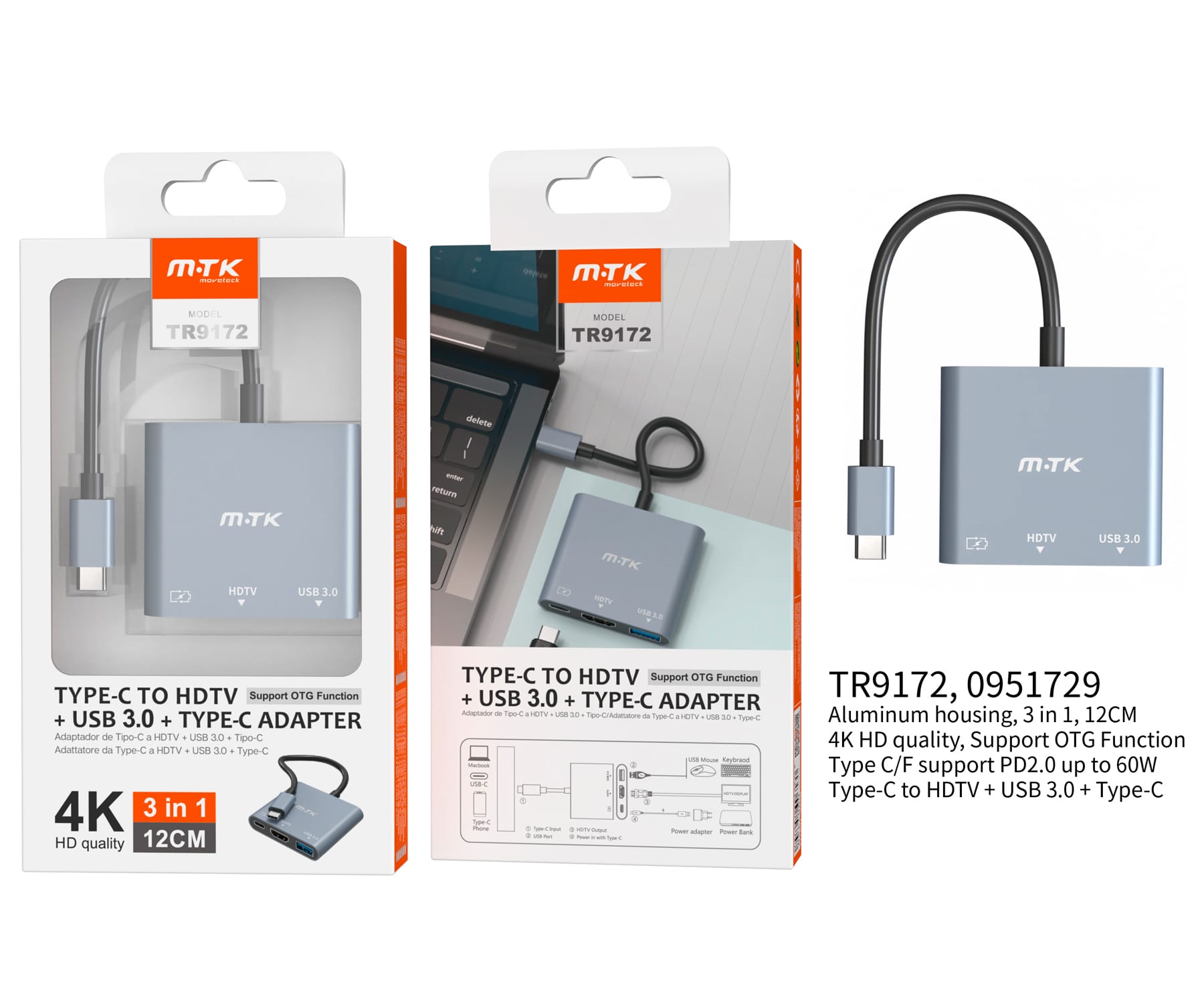 M-TK TR9172 GRIS / ADAPTADOR USB-C (M) A USB-C + HDMI + USB-A  (H)  12CM